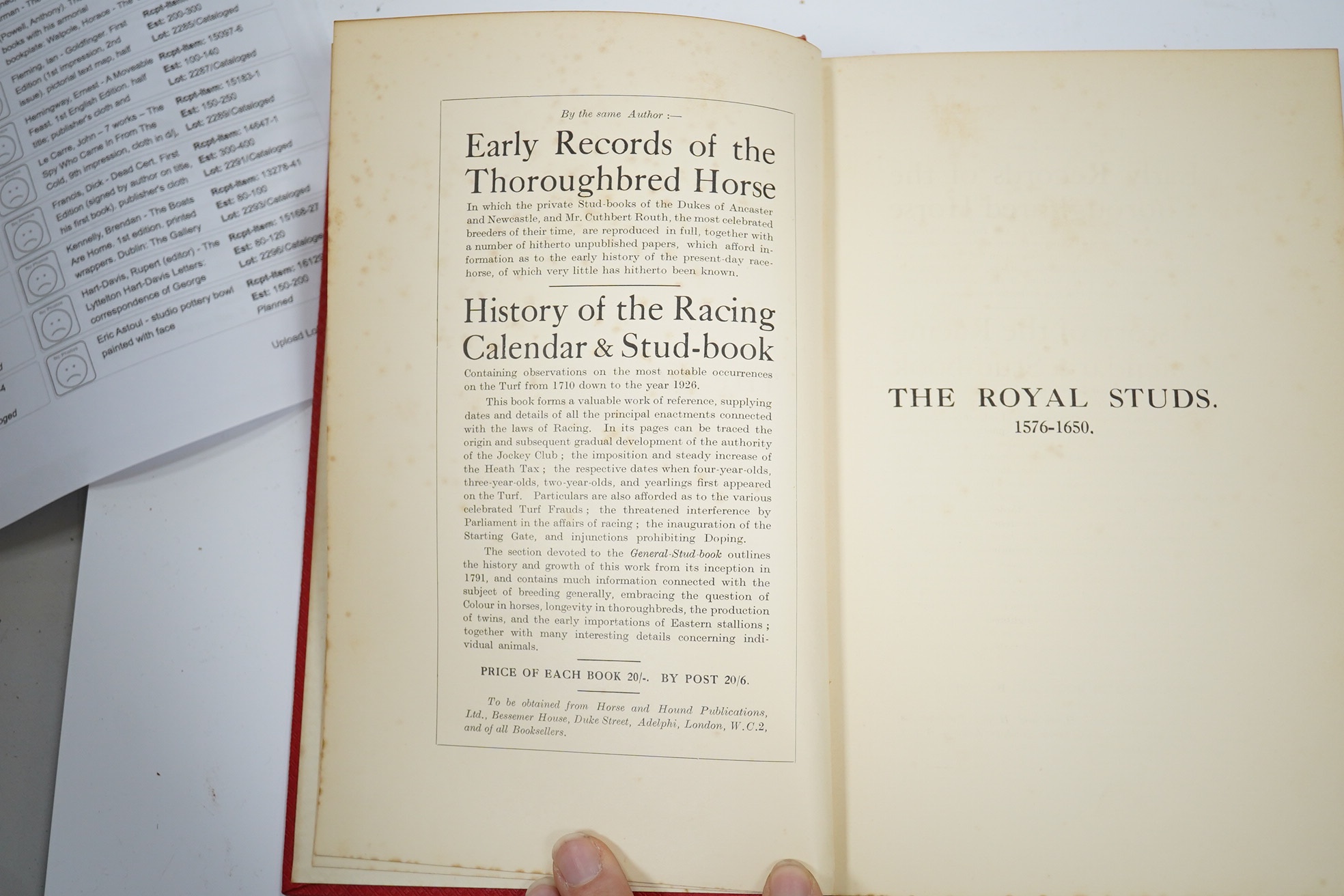 Prior, C.M. - The Royal Studs of the Sixteenth and Seventeenth Centuries, together with a reproduction of the second Earl Godolphin's Stud-Book ... 11 plates; original gilt ruled and lettered cloth. 